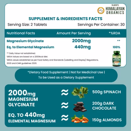 Vlado's Himalayan Organics Chelated Magnesium Glycinate Supplement 2000mg Per Serving | Magnesium Supplement Supports Muscle Recovery & Better Sleep - 60 Veg Tablets - Image 2