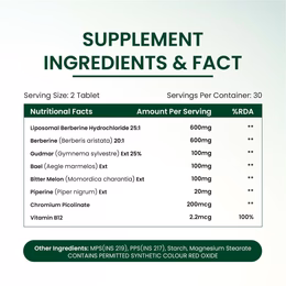 Vlado's Himalayan Organics Liposomal Berberine HCL+ 1500mg+ with Piperine, Chromium , Bitter Melon, Bael, Gudmar & Vitamin B12 |For Metabolism, Hormonal Balance, Healthy Blood Sugar & Cholesterol Levels | 60 Veg Tablets - Image 9