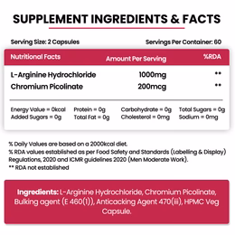 Vlado's Himalayan Organics L-Arginine 1000 mg With Chromium Picolinate Supplement | Improve Muscle Growth Boost Energy And Stamina | Good For Men And Women - 120 Veg Caps - Image 2