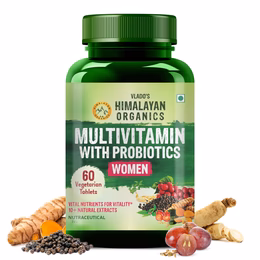 Vlado's Himalayan Organics Multivitamin with Probiotics for Women | 60 Veg Tabs | 60 + Natural Extracts, Essential Vitamins & Minerals |Vitamin D3, B12, Calcium, Curcumin & Biotin