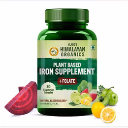 Vlado's Himalayan Organics Plant Based Iron with Folate for Better Hemoglobin, Immunity, Oxygen Binding Capacity - 90 Veg Capsules
