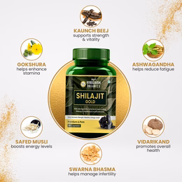 Vlado's Himalayan Organics Pure Shilajit 24 carat Gold with Ashwagandha, Safed musli, Kaunch beej , Gokshura Swarna & Rajat Bhasma +10 more Ayurvedic herbs - -Boost Stamina, Strenght, Energy Power, Build Muscle Mass - 60 Veg Capsules - Image 2