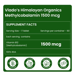 Vlado's Himalayan Organics Vitamin B12 Tablets 1500 mcg -Active form of Methylcobalamin Vitamin B12 Supplements for Men & Women- 60 Veg Tablets - Image 2