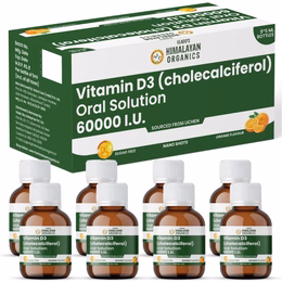 Vlado's Himalayan Organics Vitamin D3 60000 IU Shots | Cholecalciferol Vitamin D3 60000 IU Supplement I Sugar Free I Oral Solution I Vitamin D 60K for Men & Women – 5ml Each bottle - Orange Flavour - (Pack of 8)